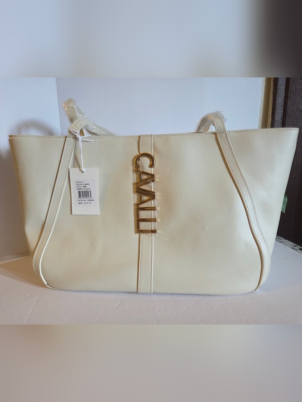 Cavalli Class Cream-White Tote with Gold Logo Hardware